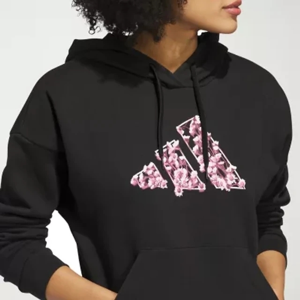 Adidas Women's Black Hoodie with Floral Pink Logo